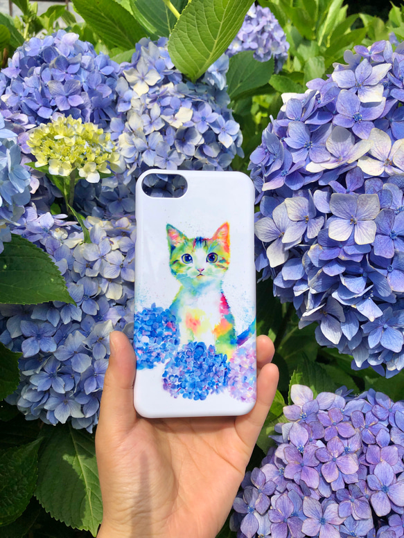 【全機種対応】iPhoneケース　スマホケース　携帯カバー　「花とネコ　紫陽花」iPhone  Android 1枚目の画像