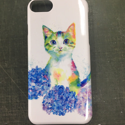 【全機種対応】iPhoneケース　スマホケース　携帯カバー　「花とネコ　紫陽花」iPhone  Android 2枚目の画像