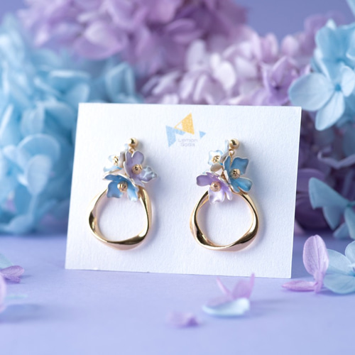 K14gf】紫陽花の花とツイストリング ピアス(イヤリング変更可