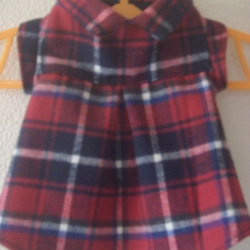 綿起毛のワンピ　赤系チェック　衿、パフ袖 1枚目の画像