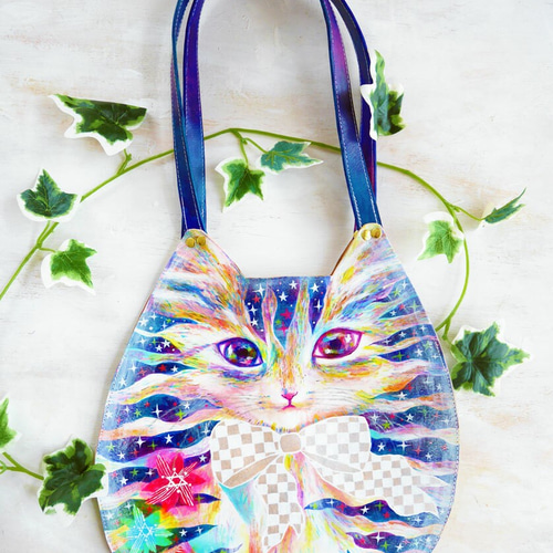 宇宙ネコトートバッグ☆レザーアート☆送料込 トートバッグ 陽月瞳 