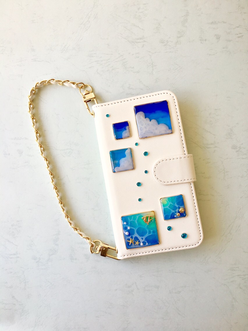 全機種対応オーダー制作スマホケース 昼の海 レジン 手帳型 チェーン付き