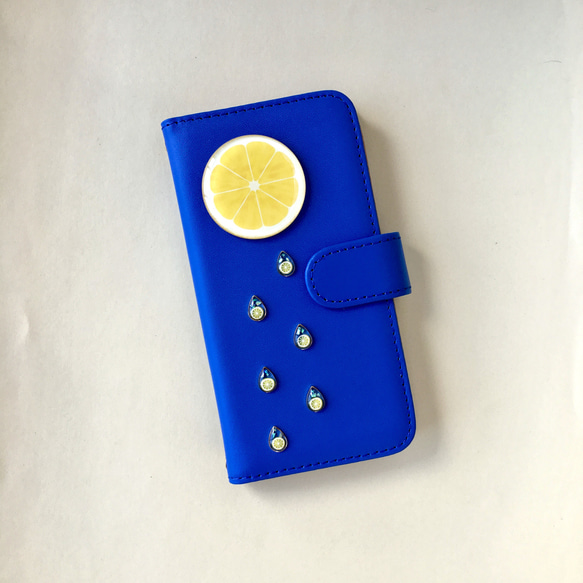 全機種対応オーダー製作本革スマホケース レモンのしずく 青ver 1枚目の画像