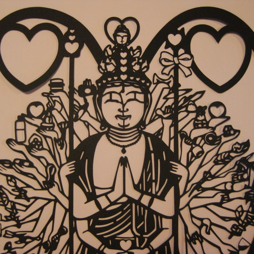 切り絵 LOVE 千手観音像 ハート光背 切り絵 切り絵屋きりの介