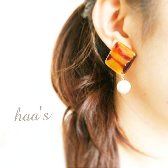 ひし形べっ甲×cotton pearl○earring 2枚目の画像