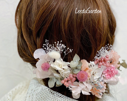 ヘッドドレス コーラルピンク ドライフラワー 髪飾り 結婚式