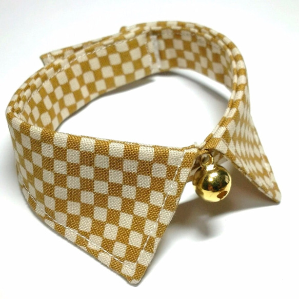 市松模様（からし）襟つきカラー（首輪）（鈴）【S/M/L】 1枚目の画像