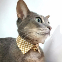 市松模様（からし）襟つきカラー（首輪）（鈴）【S/M/L】 2枚目の画像