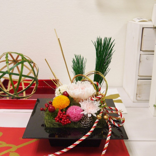 お正月2015 プリザーブドフラワーアレンジメント 四角 アートフラワー