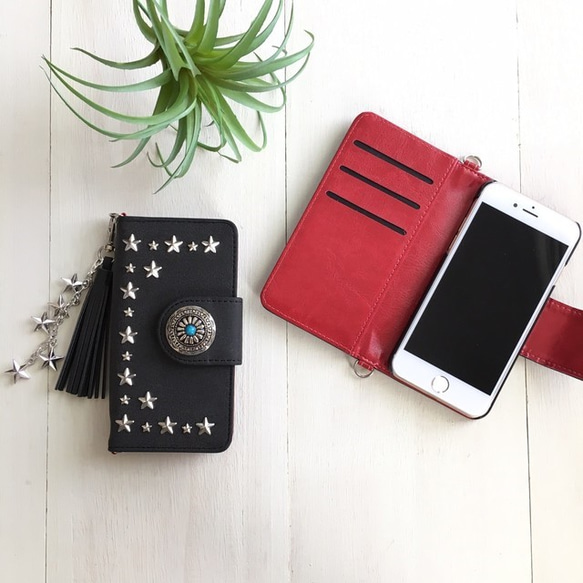iPhone/Xperia】スタースタッズ*コンチョ*タッセル付*スエード調手帳型