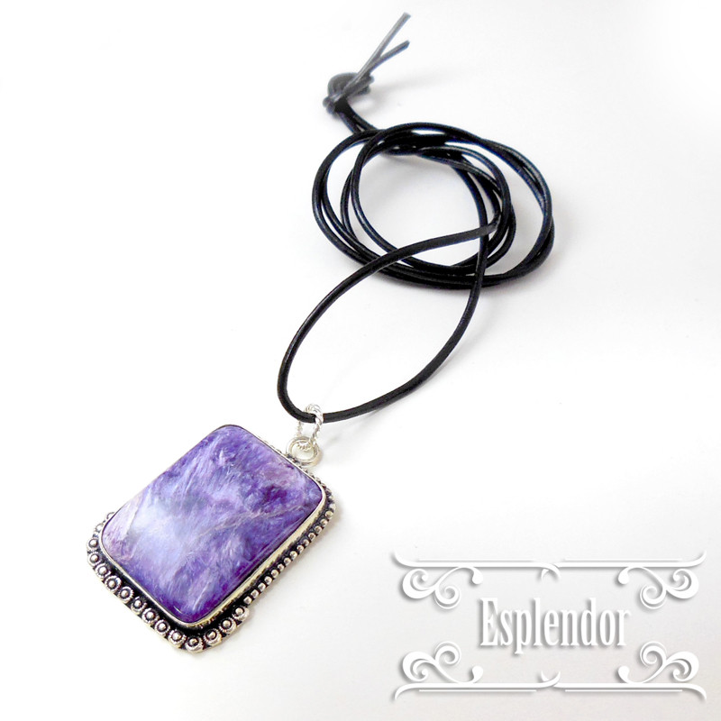 ロシア産・AAAチャロアイト シルバー＆本革紐 ペンダント