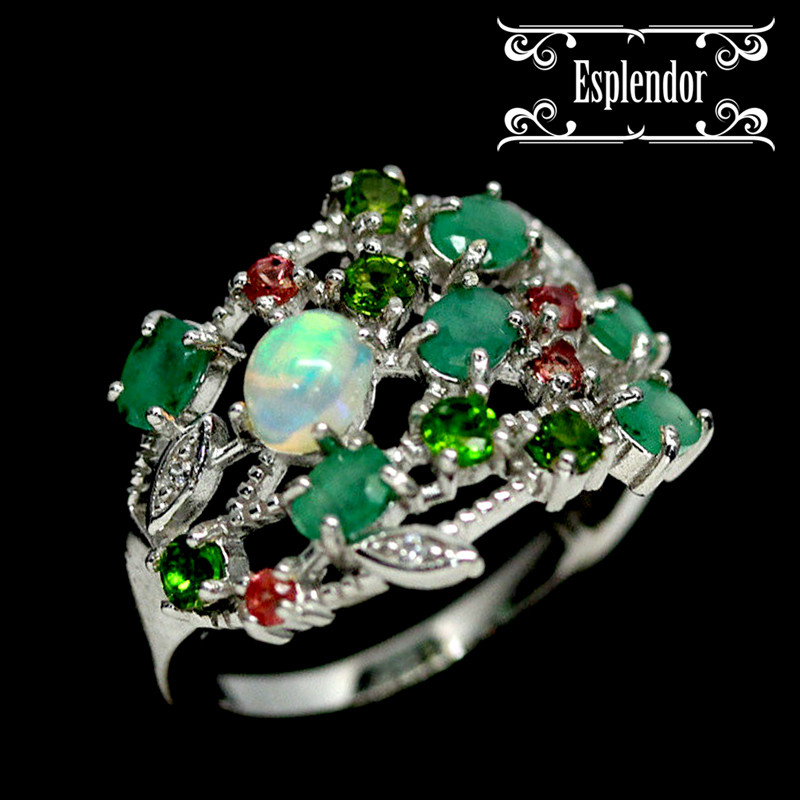 天然エメラルド エチオピアンオパール ツァボライトガーネット ロードライトガーネット デザインシルバーリング 11号