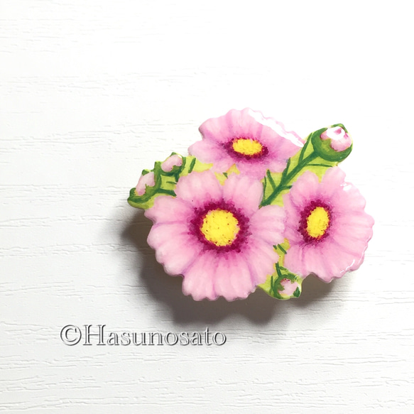 再販 コスモス の 帯留め/ブローチ 【陶器風 石塑粘土アクセサリー  