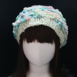 手紡ぎ毛糸使用手編みの春色ニットベレー帽 2枚目の画像