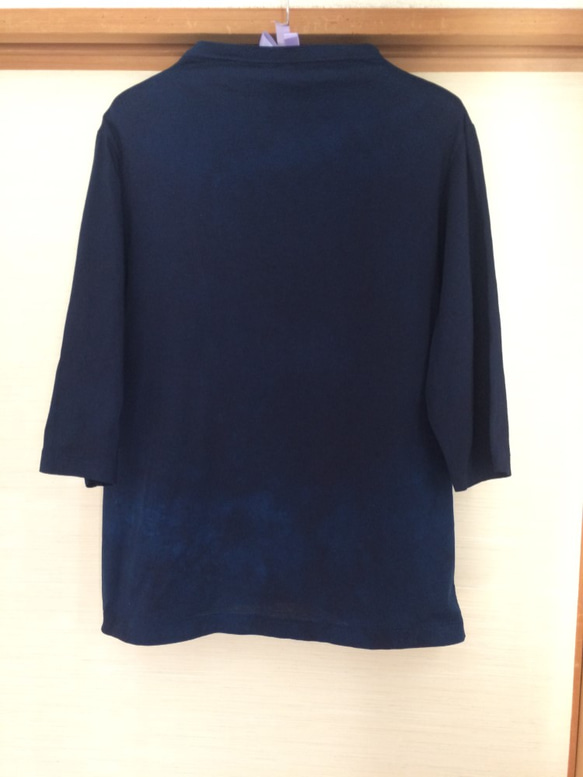 天然藍染　７分袖Ｔシャツ　オフネック　綿　 1枚目の画像