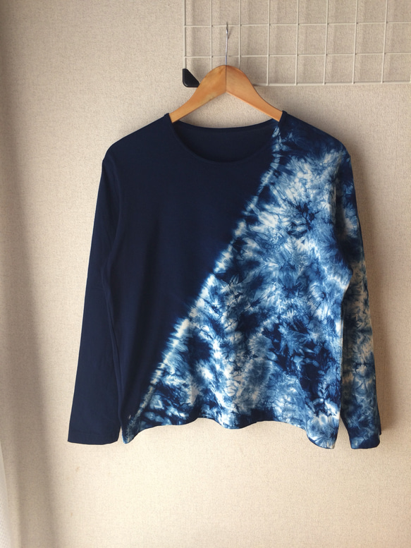 天然藍染スーピマ綿Tシャツ女性用長袖L 1枚目の画像