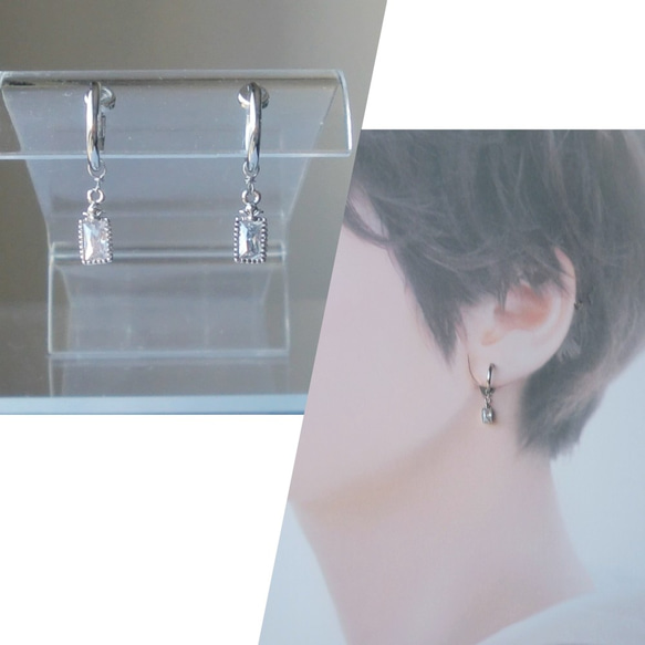 立方氧化鋯和白色玻璃 3way 耳環 第6張的照片