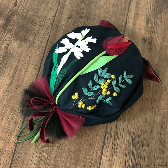【新品未使用】帽子屋 Coco&Ami  こことあみ 花束〜ん ベレー帽 黒 花束〜ん(ブラック) ベレー帽・ハンチング Coco&Ami(こことあみ
