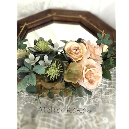 アンティーク 八角形クリーム色ミラー 花柄装飾 イタリア直輸入