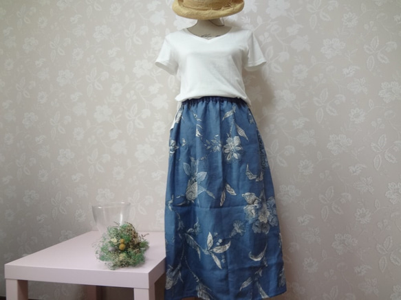 リネンのフレアースカート☆藍色 5枚目の画像