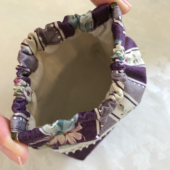 バネポーチと小物入れのセット　ストライプ フラワー　紫 パープル 3枚目の画像