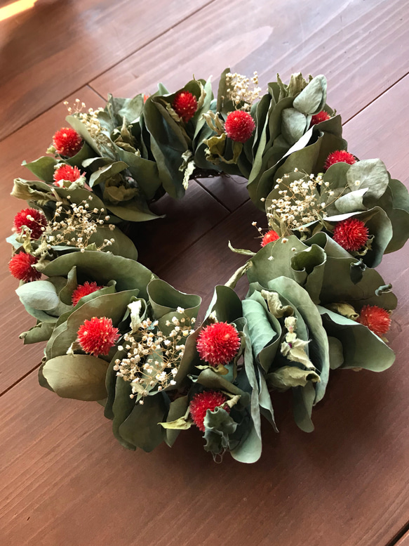 送料込み 27cm ユーカリと千日紅のドライフラワーリース③ ドライ  