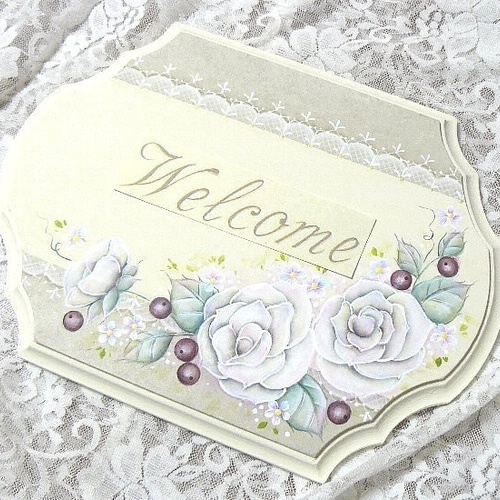 トールペイント❤ホワイトローズのドアプレート（送料無料） 表札