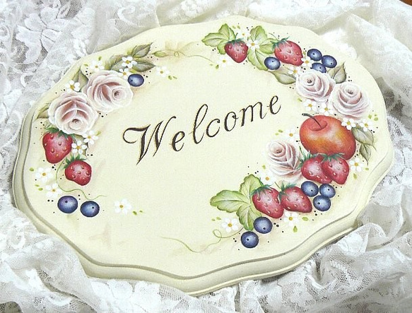 トールペイント❤フルーツ＆ローズのドアプレート 表札・ネーム