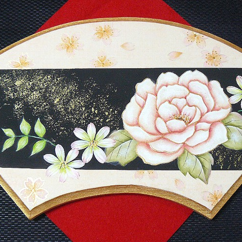トールペイント❤牡丹と桜の扇プレート❤受注製作 イラスト andante