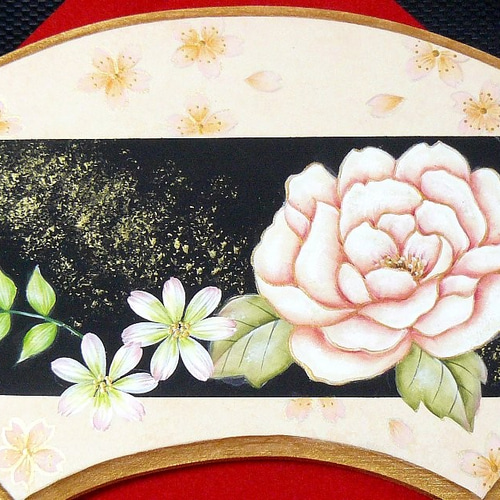 トールペイント❤牡丹と桜の扇プレート❤受注製作 イラスト andante
