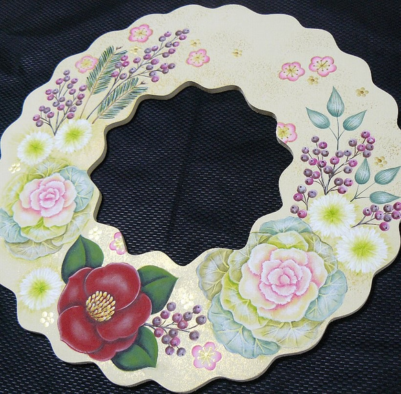 トールペイント❤椿と葉牡丹のリース（受注製作） しめ縄・しめ飾り