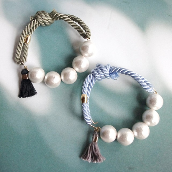 Bracelet with pearl and rope（Skyblue） 第2張的照片