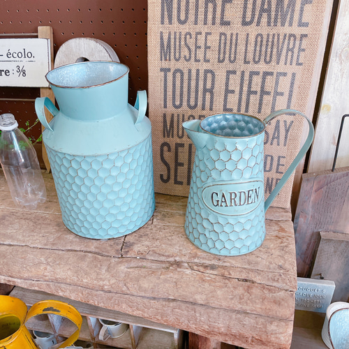 ラスト！オシャレ♡水色系ミルク缶ブリキ鉢の販売【インテリア雑貨