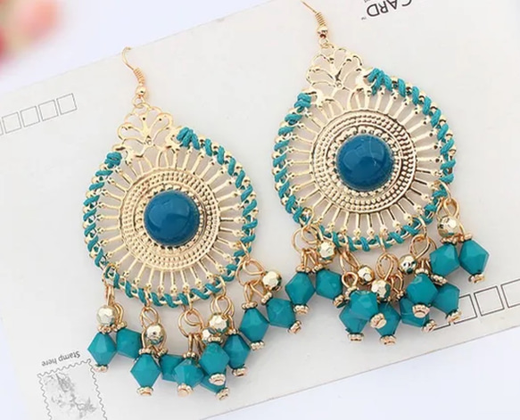 エスニックマルシャンデリアピアス・アジアンスタイル・ターコイズ