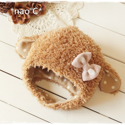 ふわふわアニマル耳あて付帽子♪キャメル（たれみみ・くまみみ