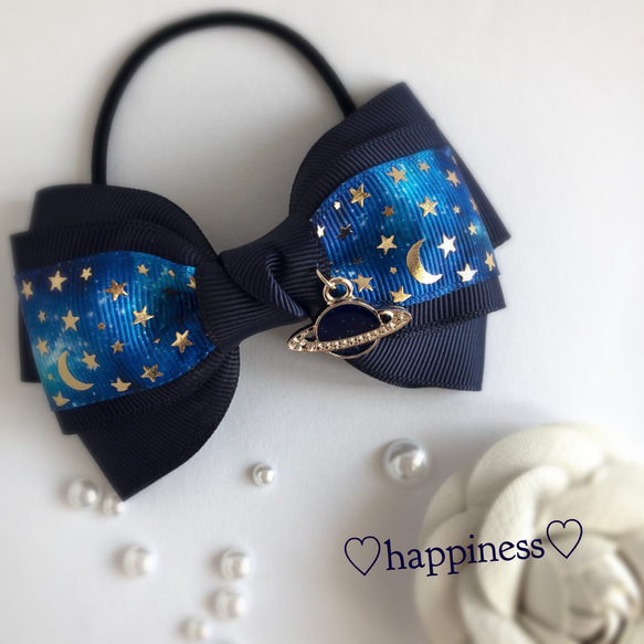 星空リボン☆ベビーヘアクリップ　ヘアゴム F15 星空リボン❣️ヘアクリップ✨ - メルカリ