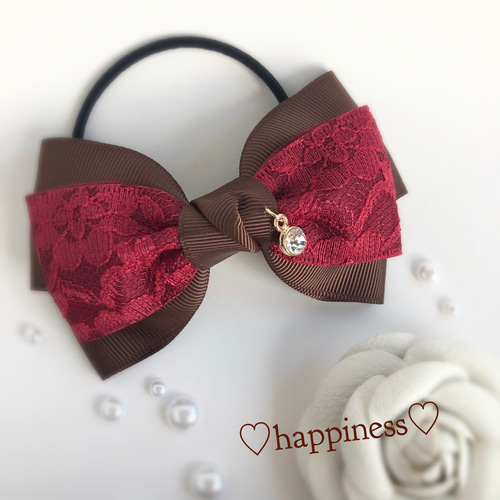 秋冬♡ときめきレース♡3リボンヘアゴム♡ブラウン×ワインレース♡再販  