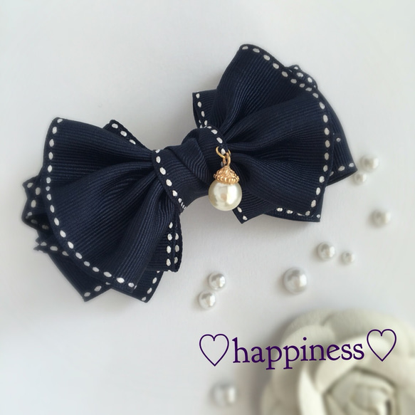 ♡happy dress ribbon♡バレッタ♡ネイビーステッチ  再販11 2枚目の画像