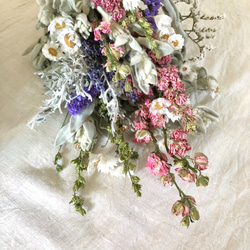 「野原の喜び」ラムズイヤーと千鳥草ピンクのスワッグ　ドライフラワー40センチサイズ 3枚目の画像