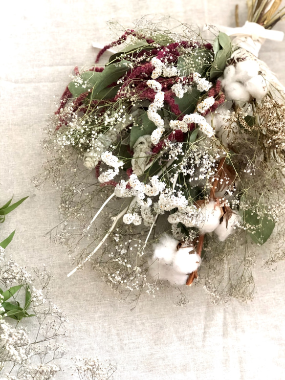 雪降る夜◯コットンフラワーとかすみ草のドライフラワースワッグ 5枚目の画像