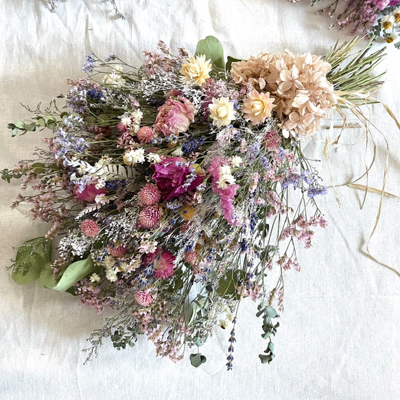 野の花スワッグ・癒しのピンクカラー＆ラベンダー・50センチサイズ ドライフラワーNO4 2枚目の画像