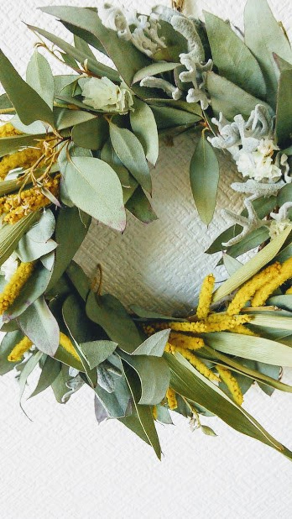 ユーカリ細葉とミモザゴールデンロッドのナチュラル天然カラーを楽しむリース☆ドライフラワー 4枚目の画像