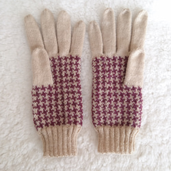 編み込み手袋千鳥格子(紫×ベージュ) 3枚目の画像