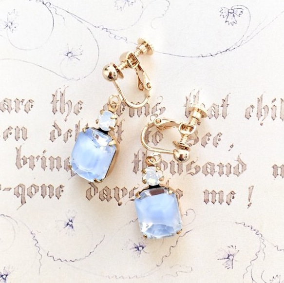 西德復古Gibres玻璃凸圓形和施華洛世奇耳環/耳環 - 藍色opale- 第1張的照片