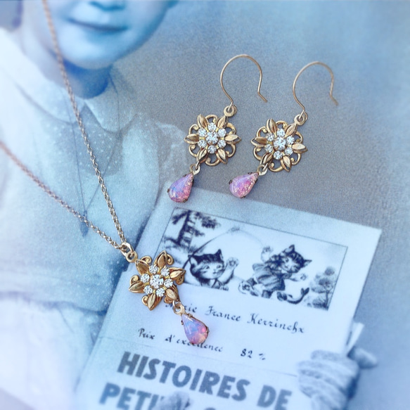 施華洛世奇復古花耳環-復古水晶花和貓眼石- 第4張的照片