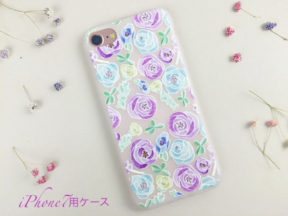 新作！iPhone7 送料無料✴︎ソフトお素材✴︎パープルとブルーの薔薇♡浮かし絵iPhoneケース 2枚目の画像