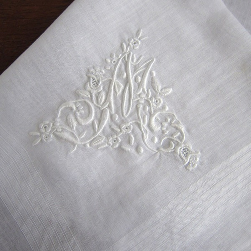 フランスアンティーク手刺繍ハンカチMイニシャル麻ヴィンテージ その他