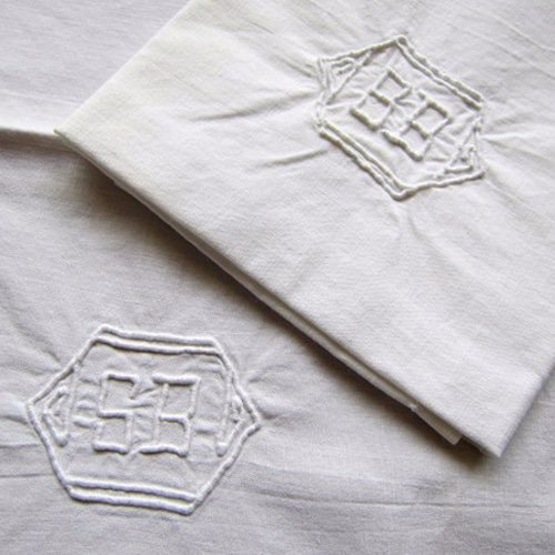 アンティーク イタリー ブラーノレース装飾 イニシャル刺繍 クロス ナプキン フランスアンティーク リネン ナプキン刺繍SBクロス 生地 deparis 通販