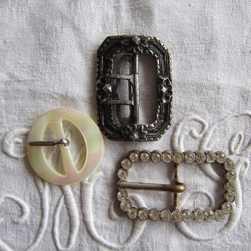 仏アンティーク/ベルトバックル3点/ラインストーン/シェル