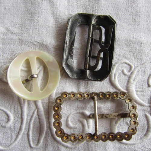 仏アンティーク/ベルトバックル3点/ラインストーン/シェル